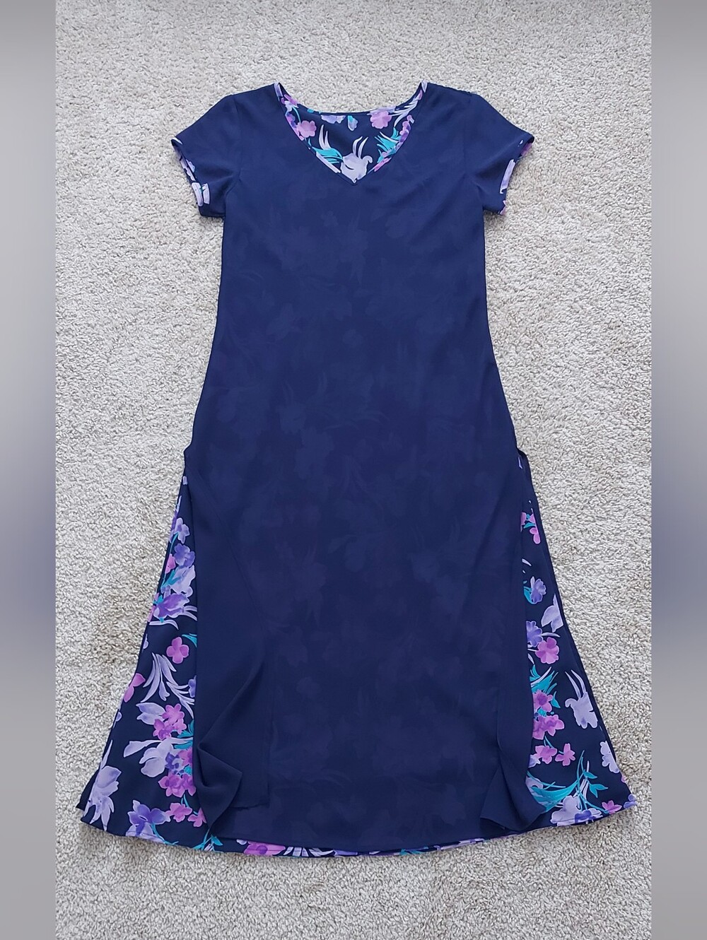 Women's Navy Floral V-Neck Top - Purple Accent